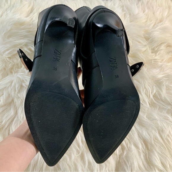 ZARA Cowboy Buckle Black Leather Pointed Toe Slip On Heel Boots Sz 7.5US - Picture 12 of 15